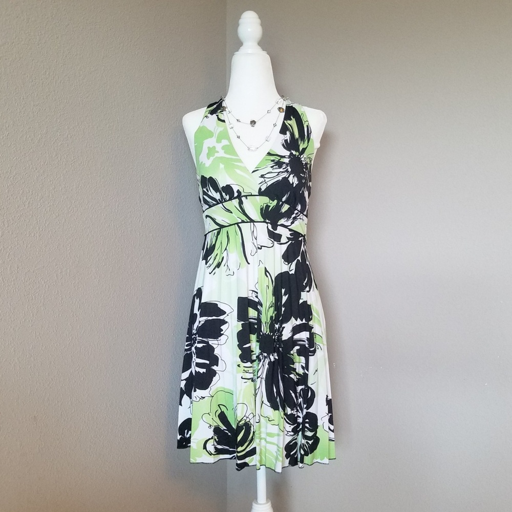 Green & Black Pleated Floral Halter Dress